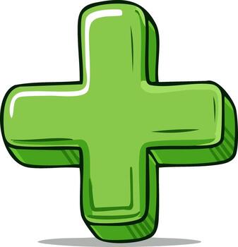 Glossy green plus sign symbol with a cartoonish 3D effect and shadow vector