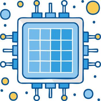 Modern digital computer processor microchip unit with multiple connecting pins and a structured square grid illustration vector