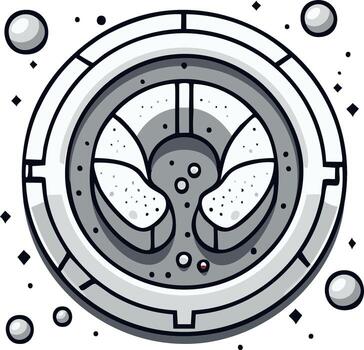 Monochrome illustration of two crescent shapes inside a round geometric frame with dots and geometric shapes around it vector