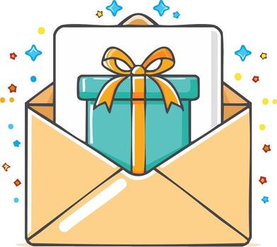 dibujos animados regalo caja y saludo tarjeta emergente desde un abierto sobre con destellos vector