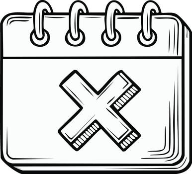 Black Outline Drawing of Calendar with X Mark Symbolizing Schedule Cancellation or Deadline Missed vector