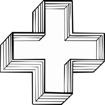 Hand drawn black and white cross symbol with 3D isometric perspective and depth effect lines vector