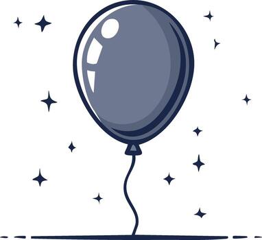 Stylized dark blue balloon floats among sparkling stars with string and dotted line below vector