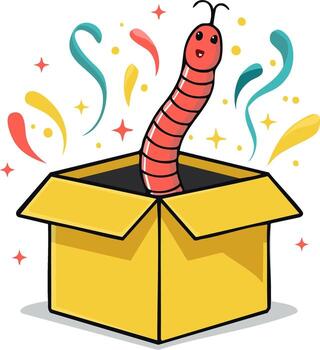 Surprise Worm Puppet Pops Out of Yellow Box with Confetti Explosions and Smiling Charm vector