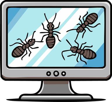 dibujos animados hormigas en un computadora monitor pantalla representando software loco y virus vector