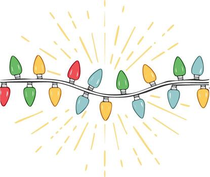 vistoso festivo cuerda luces con brillante rayos en blanco antecedentes ilustración vector