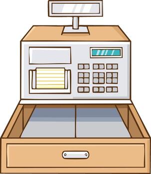 Cartoon illustration of a cash register with an open drawer and a display screen vector