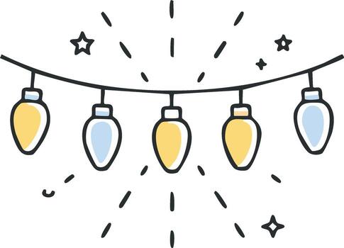 caprichoso brillante cuerda luces con festivo estrellas y guiones en un juguetón garabatear estilo vector