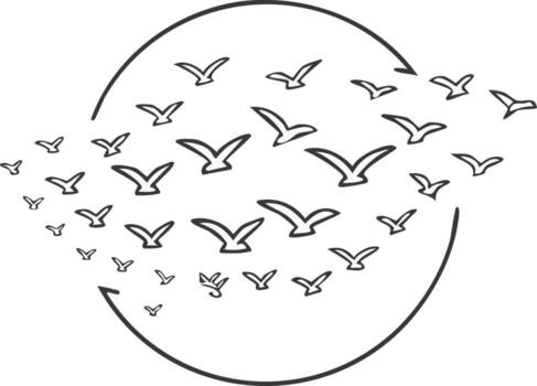 Flock of birds flying in a continuous circular arrow path abstract sketch illustration vector