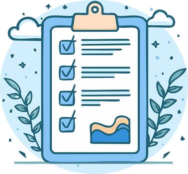 Illustration of a clipboard with checklist and graph, stylized with a blue and light blue background and decorative elements vector