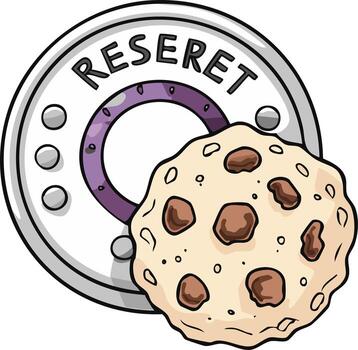 Chocolate chip cookie rests against a round object with the word RESERET vector
