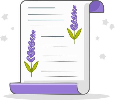 Stylized Rolled Paper Scroll with Lavender Floral Accents and Blank Lines for Text or Message vector
