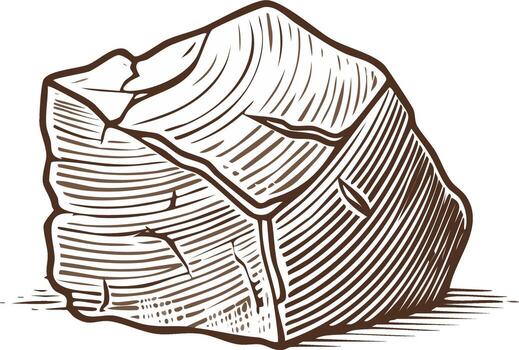 Engraved style illustration of a rough hewn stone block, geological sample or raw crystal with visible fracture lines and markings vector