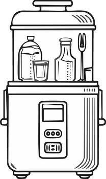 Drawn appliance with bottles, glasses, and a serving fork on top, electronic interface on the front vector