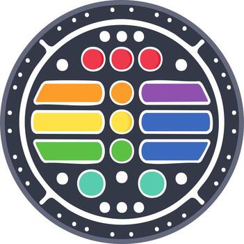 Abstract Circle with Rainbow Colored Shapes on Dark Round Badge vector