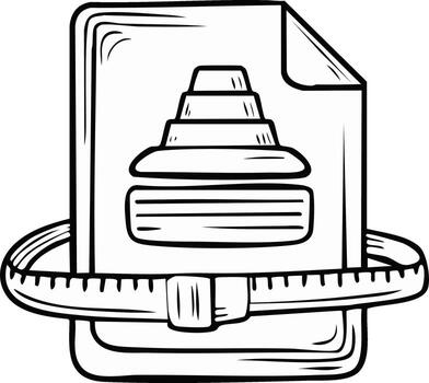 monocromo contorno dibujo de un documento con un pirámide gráfico Medido por un cinta, simbolizando datos análisis vector