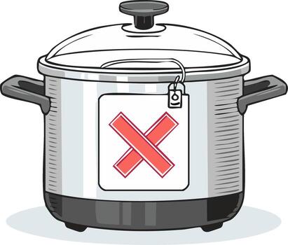 Pressure cooker with a prominent red X mark indicating malfunction, error, or prohibition vector