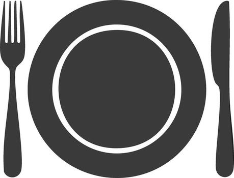 Stylized dinner setting with dark grey plate fork and knife icon graphic design element vector