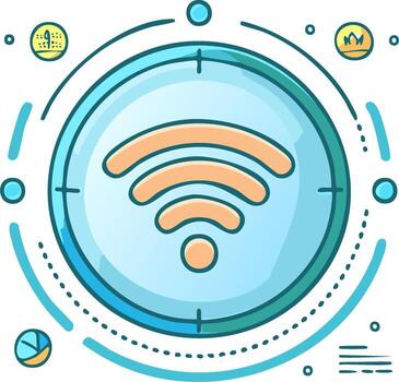 Circular Wi-Fi signal strength indicator with network connection icons and data analytics symbols vector