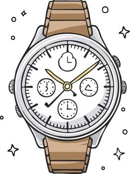 Elegant wrist watch with a silver frame, brown strap, and white face, surrounded by charming sparkles and circles vector
