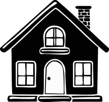 Stylized house with arched window and chimney Simple black and white home icon, dwelling with roof and rectangular windows vector