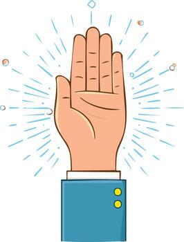 estilizado mano elevado palma adelante con radiante Estallar líneas para detener, Hola, o atención vector