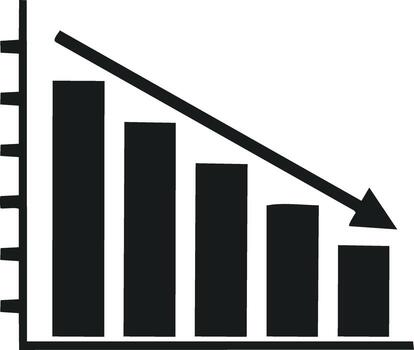 Declining business financial chart with downward arrow and bar graphs showing decreasing trend vector