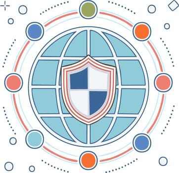 Digital security shield protecting globe network with abstract design vector