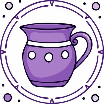 Purple decorative pitcher with white bands and circles inside a purple bordered circle with dots vector