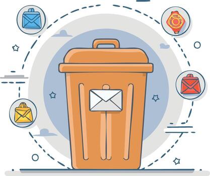 Digital communication clutter deleted by trash bin concept illustration vector