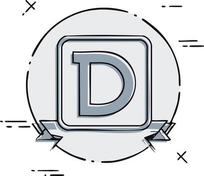 Letter D inside a square in a circle with ribbon and sketchy elements vector