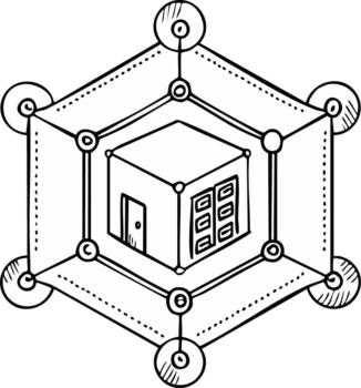 dibujado a mano estilo cubo conformado edificio con puerta y hexágono marco, isométrica ver vector