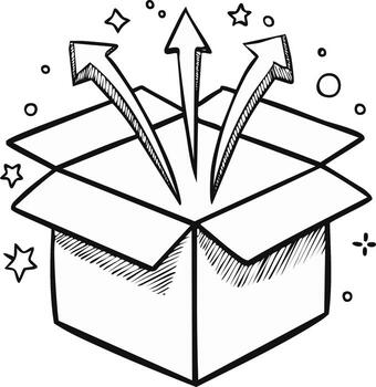 Hand-drawn box with arrows and stars exploding outward, idea concept vector