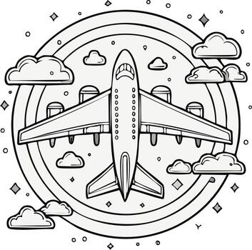 Stylized illustration of an airplane soaring through clouds and stars with a circular background vector
