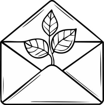 Outline drawing of a plant sprout with three leaves growing from an open mail envelope vector