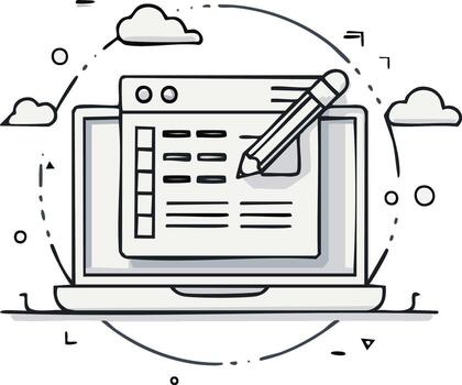 mano dibujado ilustración de un ordenador portátil con un lápiz creando contenido y nubes en el antecedentes vector