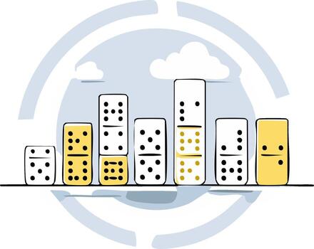 Domino pieces illustration showing a rising trend with clouds and an incomplete circle behind vector