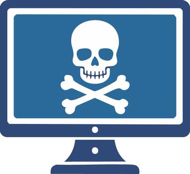 Cyber attack icon showing a skull and crossbones on a computer monitor screen representing malware and viruses vector