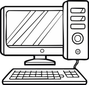 Classic desktop computer system setup with monitor tower and keyboard outline illustration vector