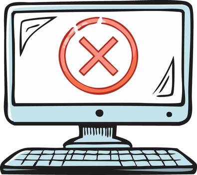 Cartoon computer with a red error cross symbol on the monitor screen, representing a system problem or denial vector