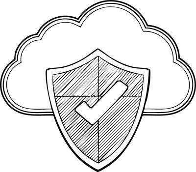Cloud computing security, data protection with shield and check mark icon in sketch style vector