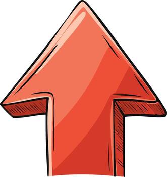 Glossy red 3D arrow icon pointing upwards with a sketchy outline vector