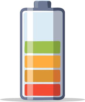 Stylized battery icon displaying full charge level with green and orange segments for power status vector