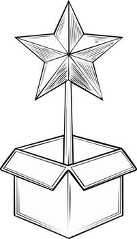 Outline illustration of a star emerging from an open box vector