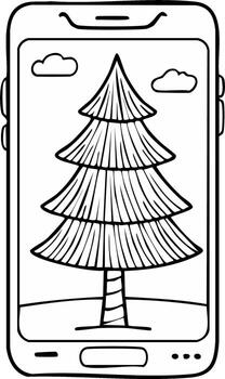 móvil teléfono mostrando un estilizado Navidad árbol con nubes en un minimalista garabatear estilo vector