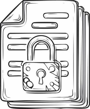 Hand drawn illustration of secure documents with a padlock, symbolizing data protection and confidential information access vector