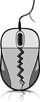 Broken computer mouse with a jagged crack down the middle symbolizing failure or disconnection vector