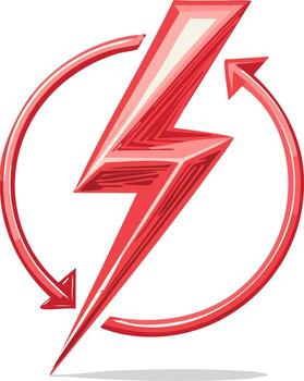 Dynamic red lightning bolt and circular arrows icon representing electric power and speed vector