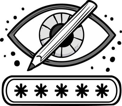 Eye with pencil, obscured password icon. Security, privacy, hidden data, protection concept vector