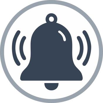 Navy blue bell with ringing waves inside a light gray circle icon alert reminder, announcement message notification graphic element vector